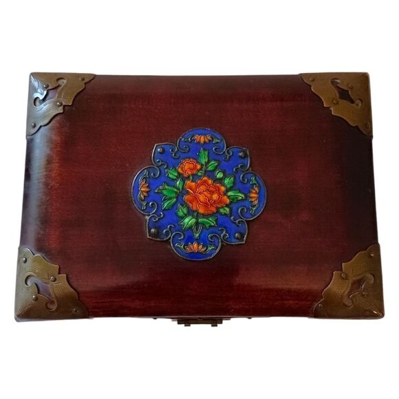 Vintage Cloisonne Wooden Jewelry Box Asian Brass Floral Rosewood Silk Lined - Picture 6 of 16